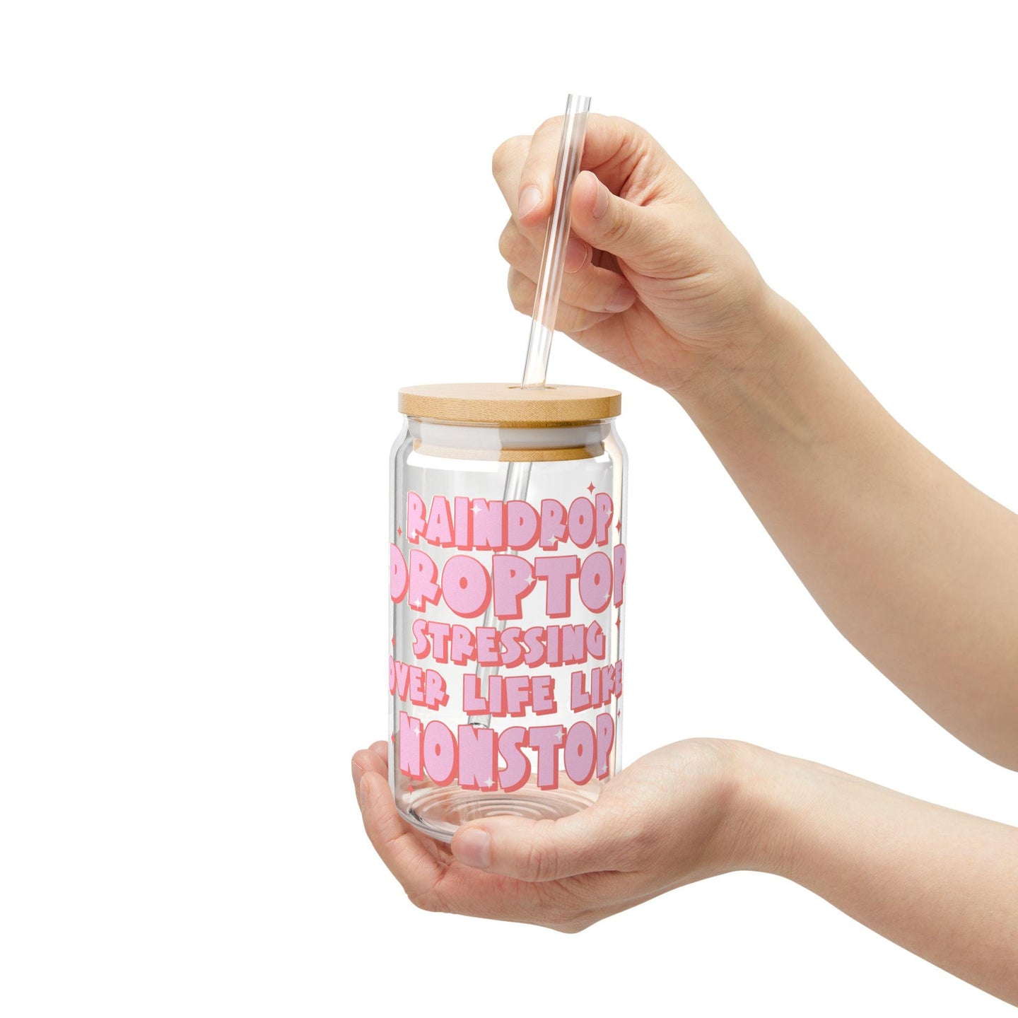 Preppy funny glass cup with bamboo lid glass straw, Cute Cup Beer Can Iced Coffee Glass Cup Cute stress Glass Cup gift for her